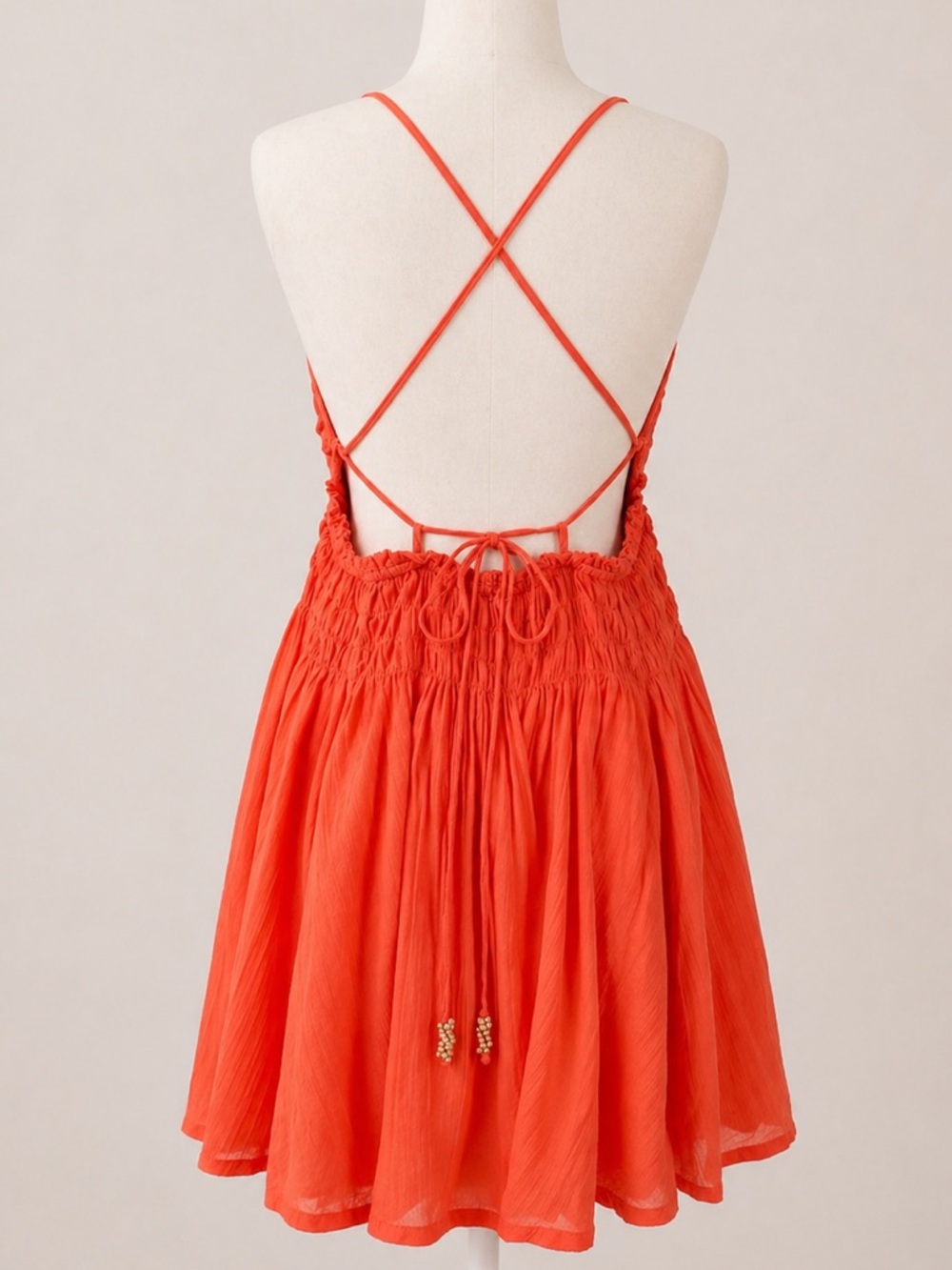 Free People Babydoll Smocked Mini Dress Orange Coral Tropical Nectar L - Picture 4 of 7